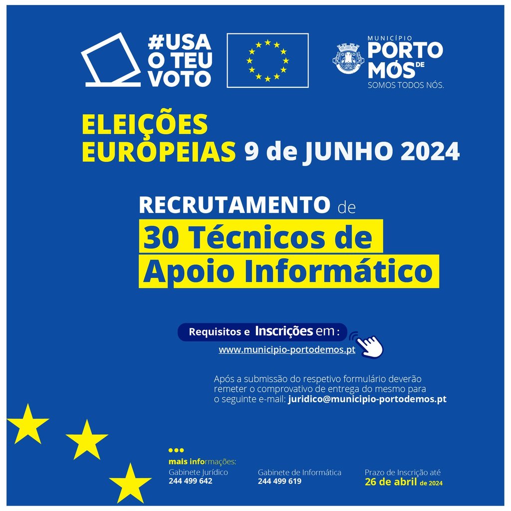 Eleições Europeias - 9 de junho - Recrutamento de 30 Técnicos de Apoio Informático