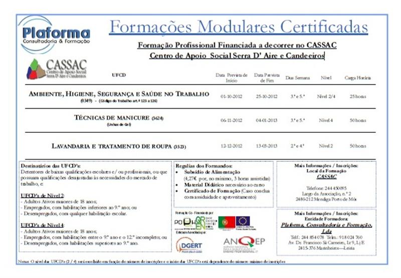 Formação Profissional Financiada a decorrer no CASSAC Centro de Apoio Social Serra D'''' Aire e C...