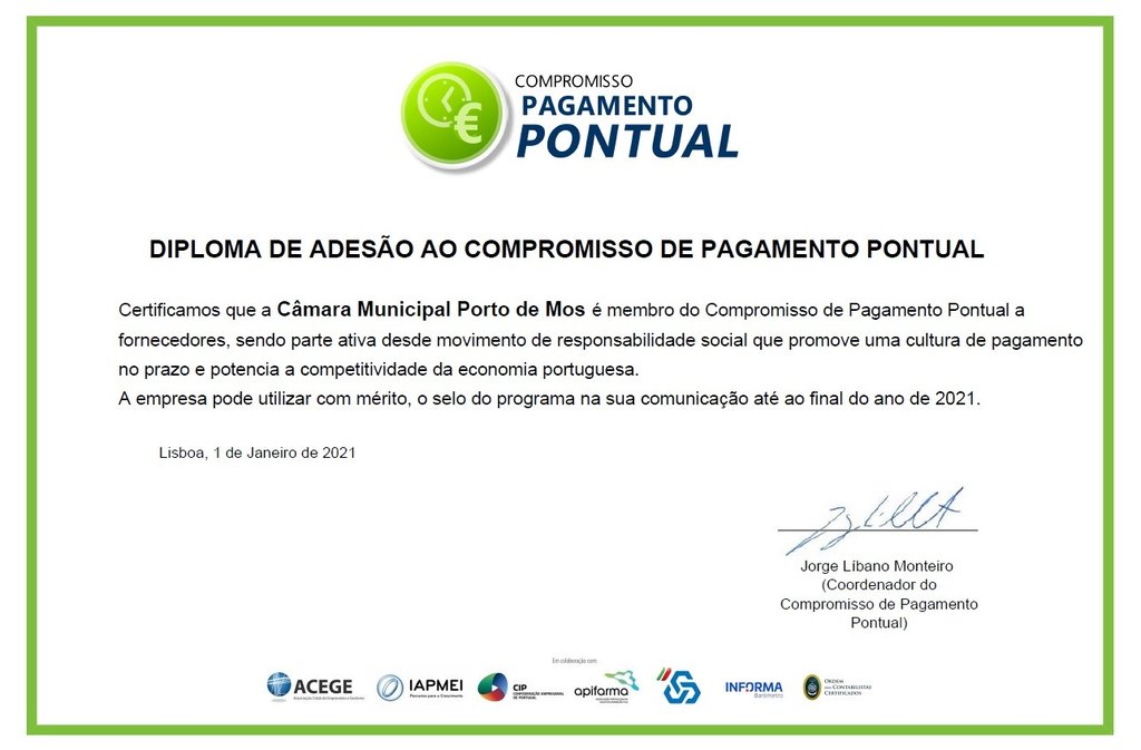 Câmara de Porto de Mós volta a receber selo de Compromisso de Pagamento Pontual