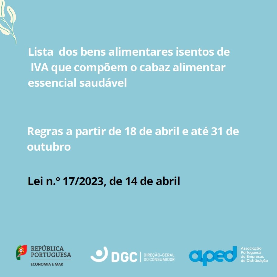 Lista dos bens alimentares isentos de IVA que compõem o cabaz alimentar essencial saudável