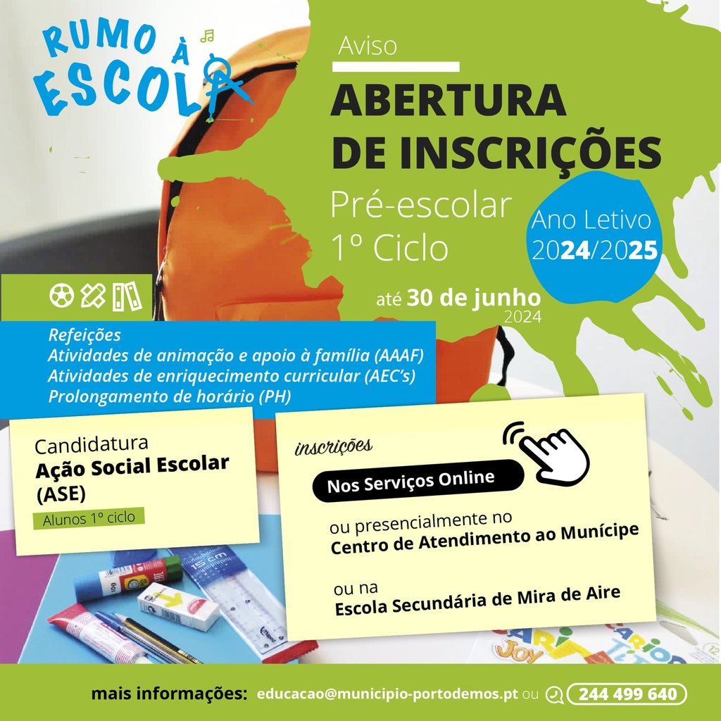Ano Letivo 2024/2025 - Inscrições abertas Pré-escolar e 1º Ciclo