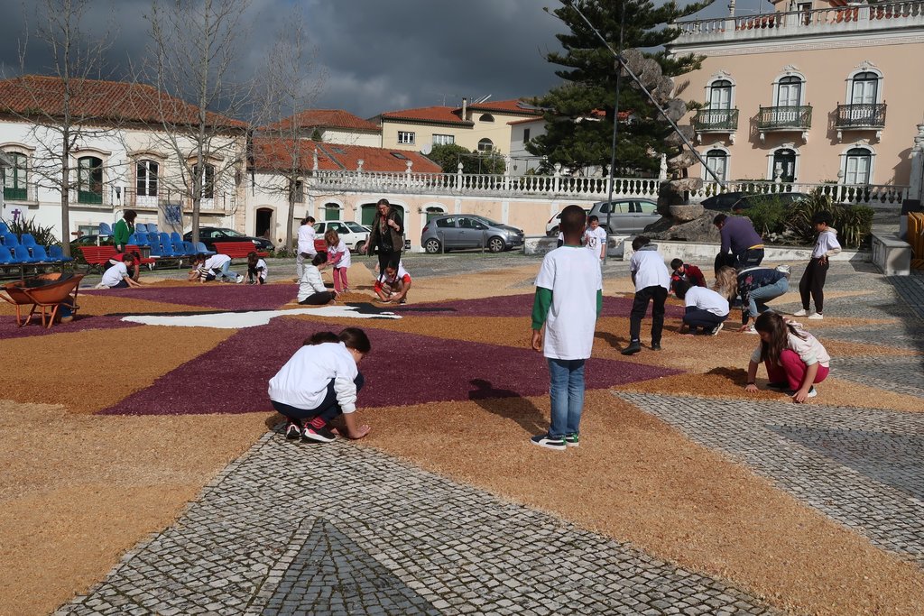 Alunos ajudam a construir tapetes floridos!
