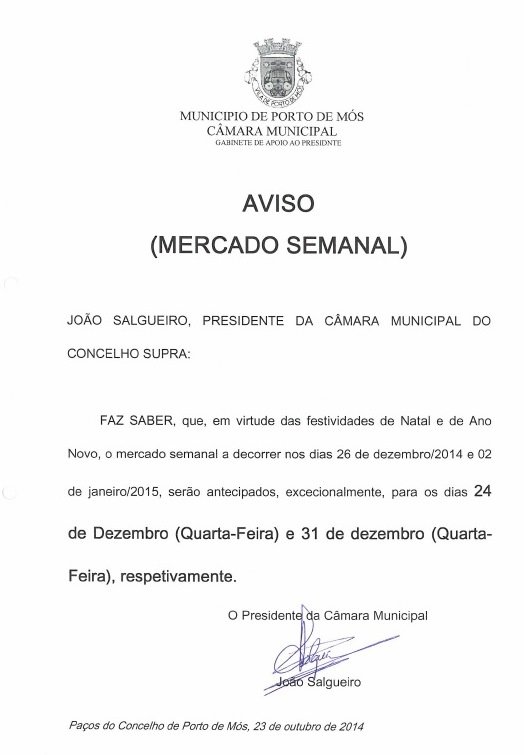 Mercado Semanal será antecipado para 24 e 31 de dezembro 