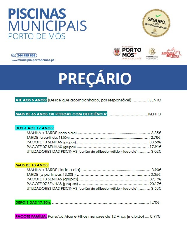 Preçário das Piscinas Municipais Exteriores.